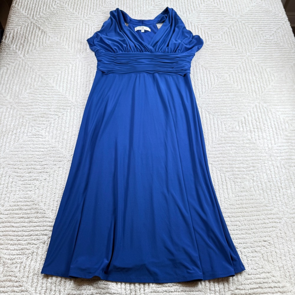 Evan Picone Dress Womens 14 Blue Ruched Empire Waist Midi Cocktail Formal Party